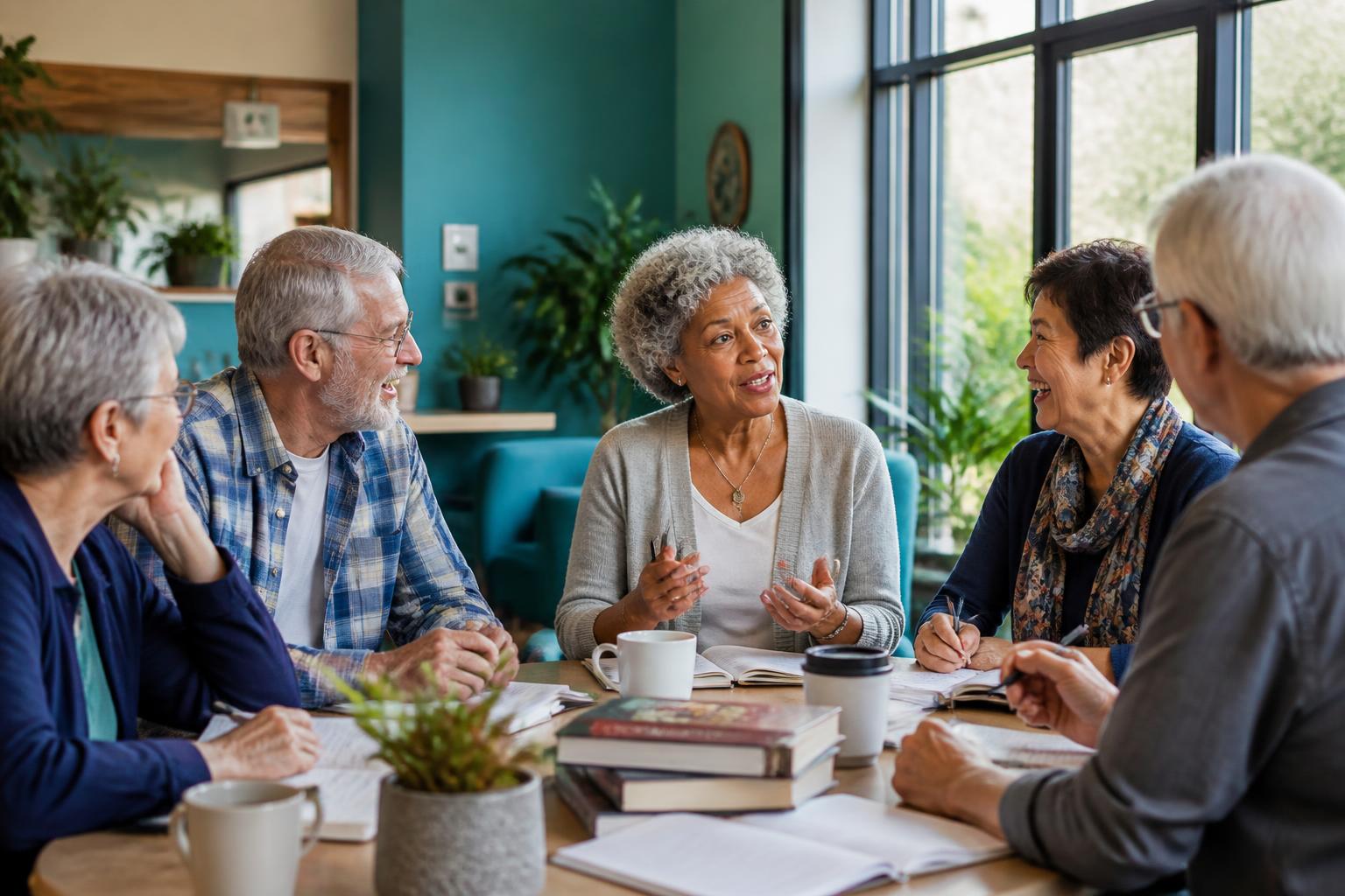Adults gathered around a table in a bright community room enjoying a learning session