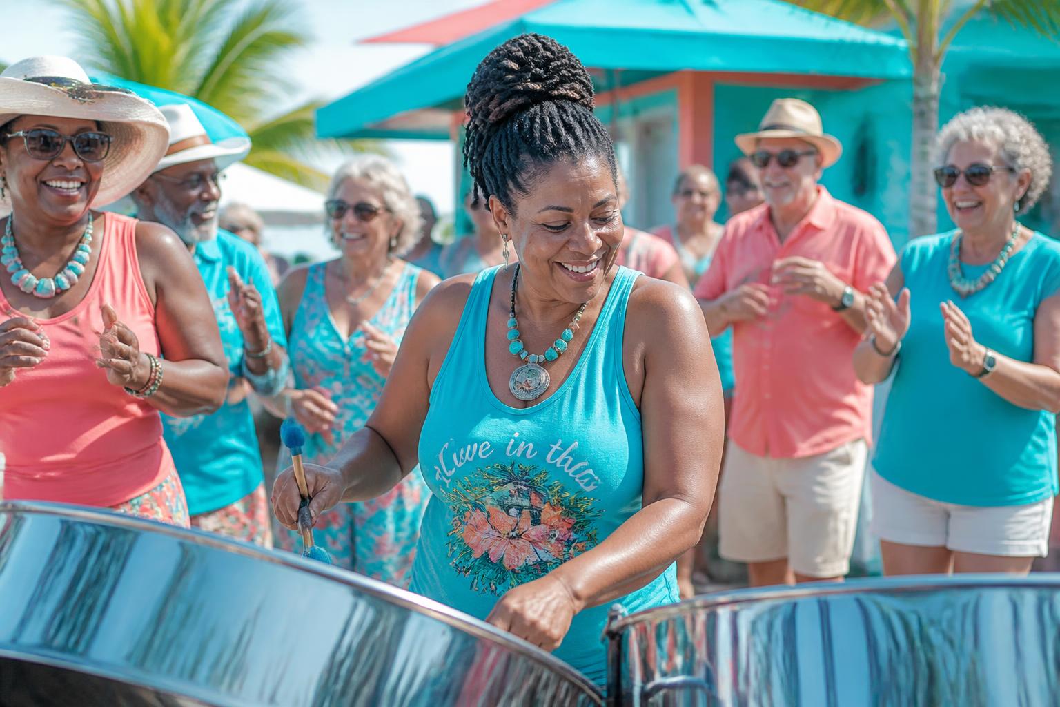 A steel drum performance bringing a group of adults together in movement and music