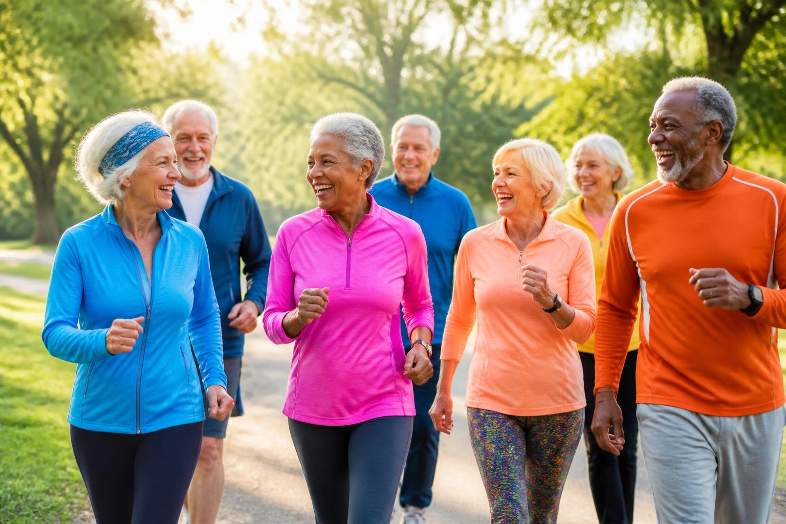 Active adults walking and laughing together on a sunny park path